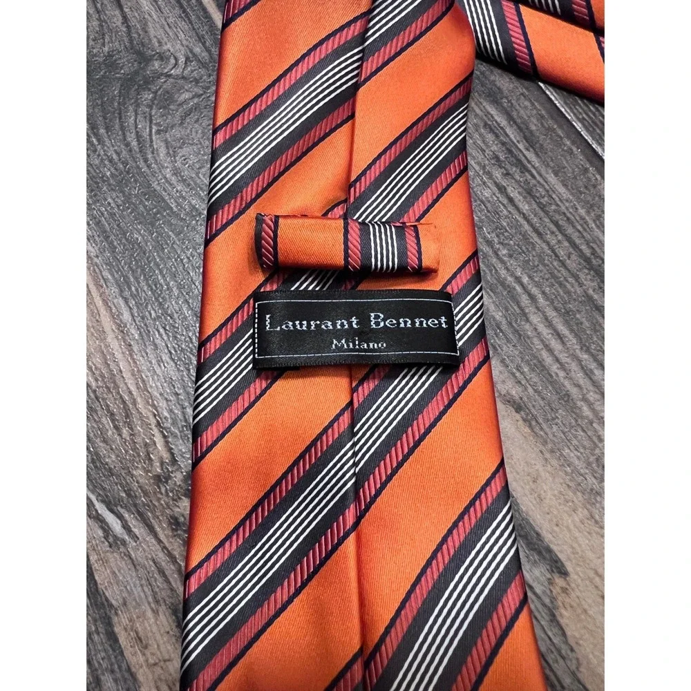 Orange‎ Striped Necktie Mens Microfiber Formal Business Laurant Bennet Milano